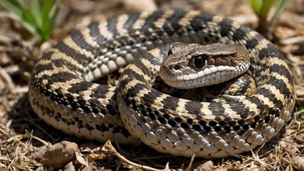 Obraz premium Crotalus Durissus Coiled Near Rodent Predator Ecosystem Interaction