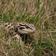 Naklejka premium Crotalus Durissus Rattlesnake Stealthily Moving Through Tall Grass with Natural Camouflage