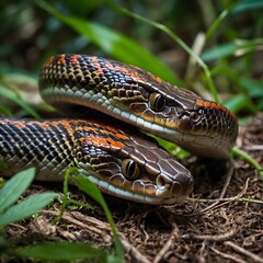 Fototapeta premium Bush Viper in Rainforest Setting Panoramic View Surrounded by Tropical Foliage