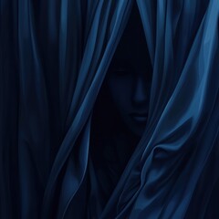 Fototapeta premium Mysterious Face Hidden Behind Dark Blue Drapery