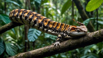Naklejka premium Resting Crotalus Durissus on Branch Surrounded by Vibrant Rainforest Habitat