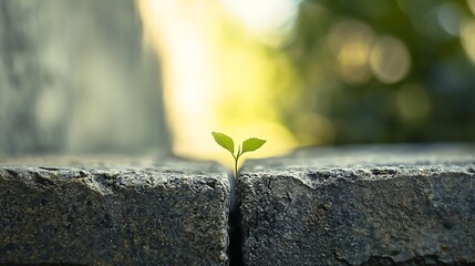 A small green plant is growing out of a crack in a stone wall