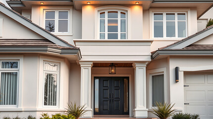 Fototapeta premium Luxury Home Exterior: Modern Architectural Design, Elegant Facade, and Grand Entrance. This stunning property showcases contemporary style with exquisite details.
