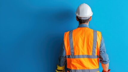 Construction Worker In Safety Vest And Hard Hat Against A Blue Background
