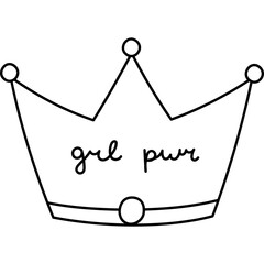 Childish line doodle princess crown with gem stones and lettering Girl Power. Hand drawn royal jewelry as symbol of women equality and empowerment. Cute feministic sign isolated on white background