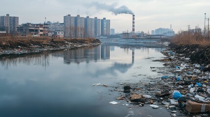 Fototapeta premium Urban River Pollution: A stark portrayal of environmental neglect, a polluted river flows through a cityscape, littered with debris and shadowed by industrial smoke.