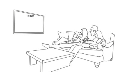 line art of mother, father, and son watching sitting on chairs, vector illustration isolated on white background