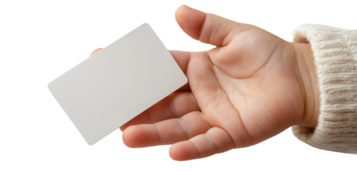 Hand holding blank business card isolated on white background