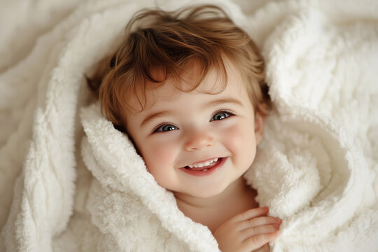 portrait of a smiling baby in a white towel