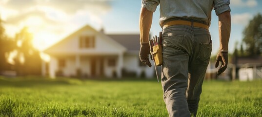 Craftsman Walking Toward a New House at Sunset