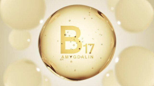 A golden glossy sphere with vitamin B17. Amygdalin pill capsule. Abstract 3D bubble drop background