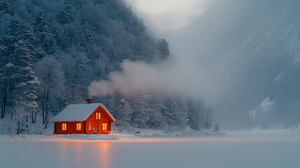 A lone cabin in a peaceful snowscape, with smoke rising from the chimney