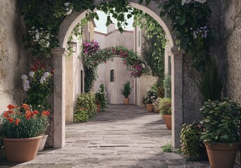 Fototapeta premium Picturesque Mediterranean Alleyway with Blooming Flowers and Stone Archway