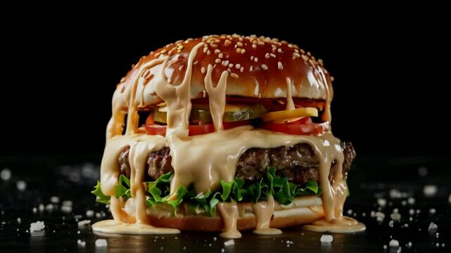 Mayonnaise sauce with burger. A creamy, tangy mayonnaise sauce enhances and moistens a juicy, flavorful burger. Creamy, rich Mayonnaise sauce concept.