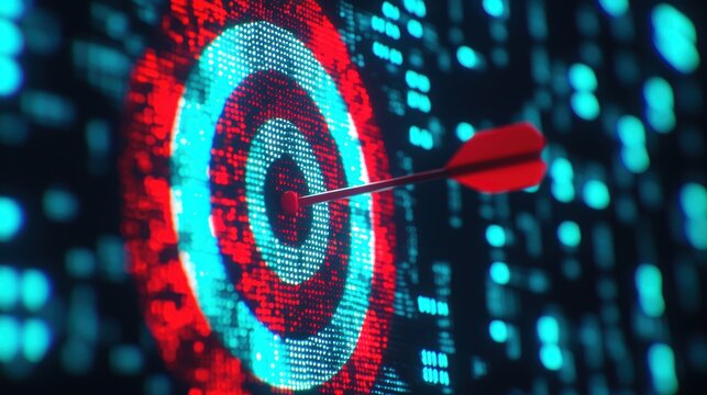 Digital Target Arrow hitting Bullseye in Abstract Data Visualization