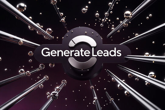 Abstract 3d design of word text "Generate Leads" surrounded by metallic rods and small spheres, creating a dynamic and futuristic appearance.