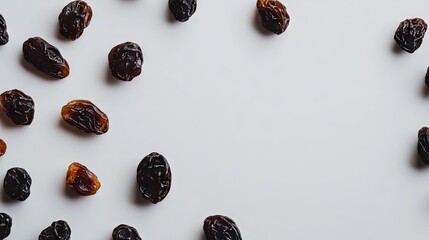 High quality close up of plump raisins, arranged neatly on a smooth white studio backdrop.