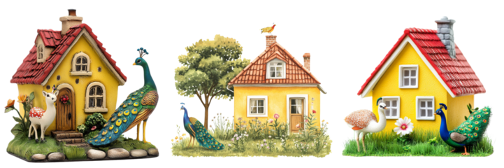 Set of A small yellow house is perched on the grass, Peacock, Deer isolated on a transparent background 
