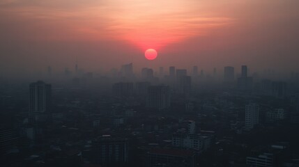 Fototapeta premium Cityscape Sunset: A breathtaking aerial view captures the urban sprawl silhouetted against a vibrant, fiery sunset, casting a warm, nostalgic glow over the cityscape. 