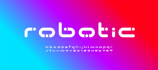 Technical future font, digital cyber alphabet, letters A, B, C, D, E, F, G, H, I, J, K, L, M, N, O, P, Q, R, S, T, U, V, W, X, Y, Z and numerals 0, 1, 2, 3, 4, 5, 6, 7, 8, 9