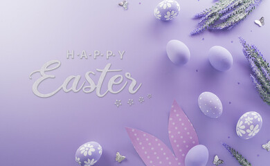 Easter party concept. Top view of easter bunny ears and colorful eggs on pastel background with the...