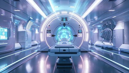 A sleek futuristic MRI room with glowing neon lights, advanced medical equipment, and high-tech displays, representing modern healthcare innovation.