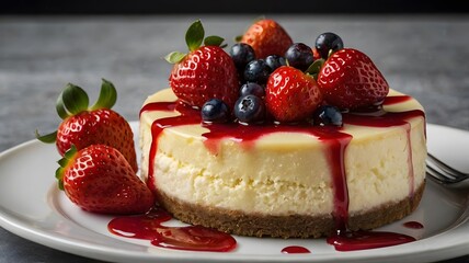 A classic New York cheesecake topped with fresh strawberries and a drizzle of berry sauce. 