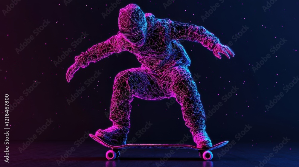 Poster dynamic skateboarder in abstract particle style