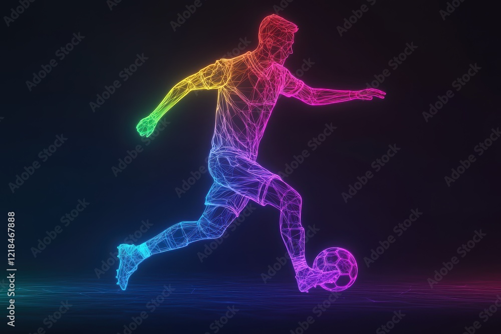 Poster dynamic soccer player in abstract rainbow light