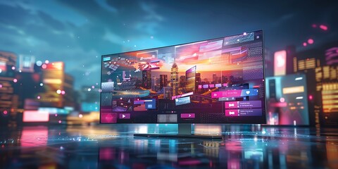 Futuristic smart screen displaying vibrant multimedia content against a modern cityscape backdrop with glowing neon lights.
