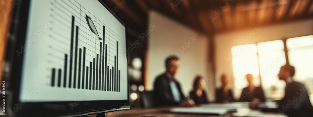 Aufkleber group of business professionals discussing financial statistics in a modern office with data visuali