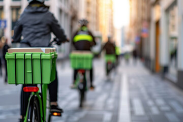 Delivery cyclists pedaling through an urban area. Eco-friendly transport with bright green cargo boxes against a bustling city backdrop. Sustainable delivery services. Sustainable urban transportation