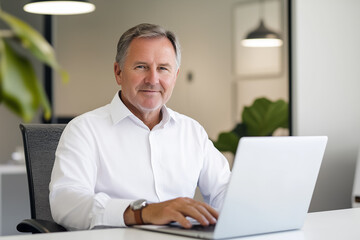 Senior businessman working on a laptop in a simple office setting, wearing a white shirt, seated at a plain desk with minimal decor
