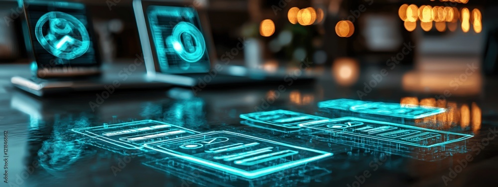 Aufkleber futuristic digital interface with holographic displays on a table in a modern workspace environment