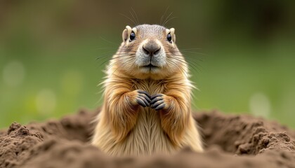 Fototapeta premium Groundhog Day Celebration: Squirrel Stands on Back Legs Against Green Background