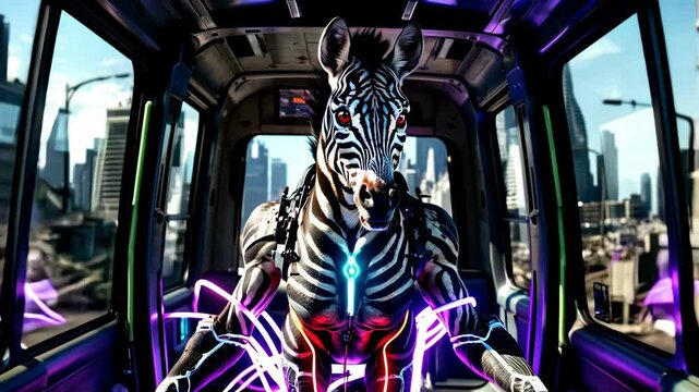 Cybernetic fighting zebra. The body half consisting of metal elements is intertwined with neon.