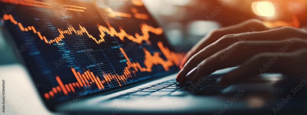 Poster close-up of hands typing on laptop with stock market graphs and data displayed on screen