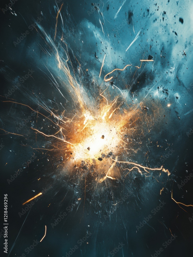 Poster explosive burst lights up a dark sky with sparks and particles flying in all directions. generative 