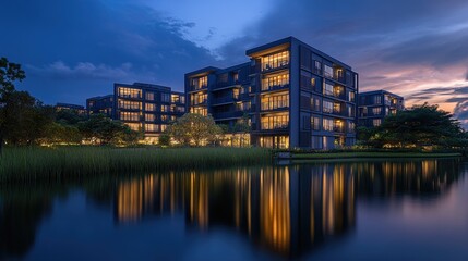 Fototapeta premium Modern apartments lit up against a twilight sky, with shimmering water reflections adding to the urban charm.