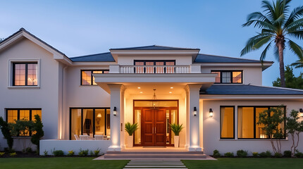 Fototapeta premium Luxury Modern House Exterior at Night: Elegant Contemporary Villa Design