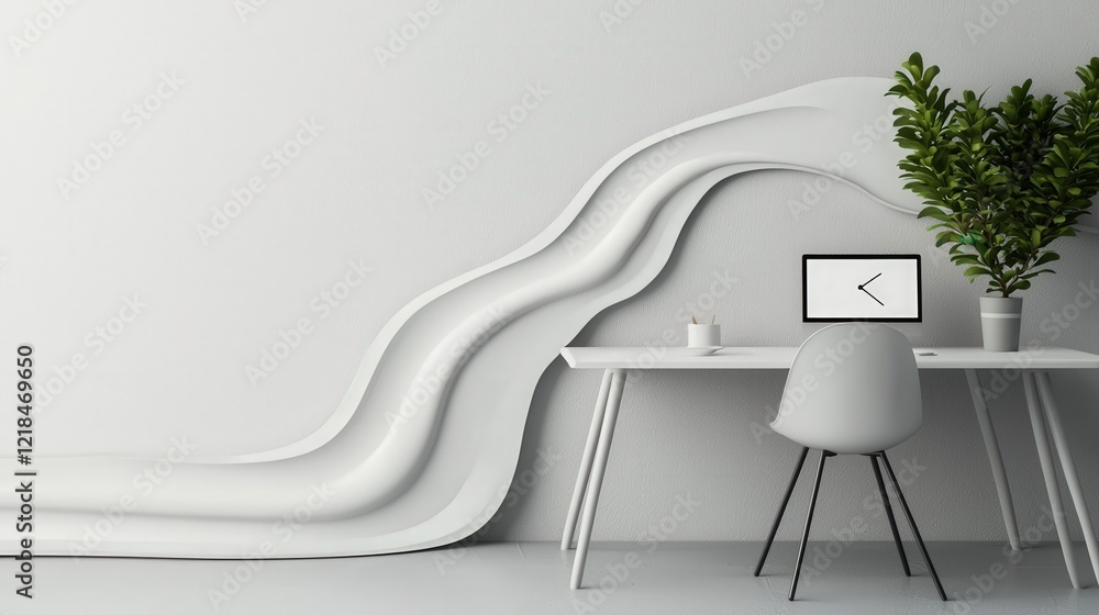 Poster modern minimalistic workspace with abstract wall design and greenery in a sleek environment