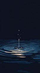 Water droplet falling creating ripples on dark water surface