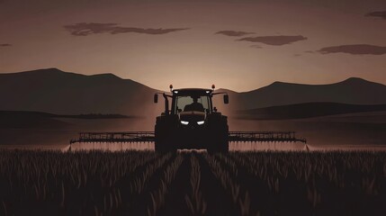 Fototapeta premium Silhouetted Tractor at Sunset on Calm Farmland with Majestic Mountain Views