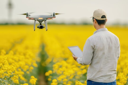Farmer Using Drone Technology for Crop Monitoring in a Field of Yellow Flowers