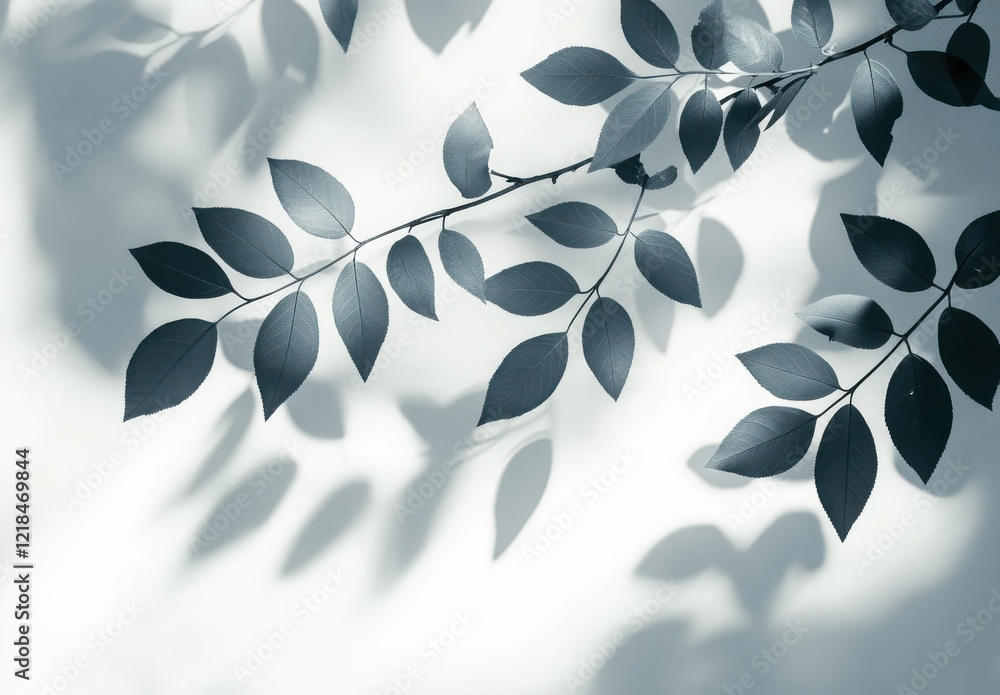 Poster delicate green leaves casting beautiful shadows on light background, creating a calming and serene a
