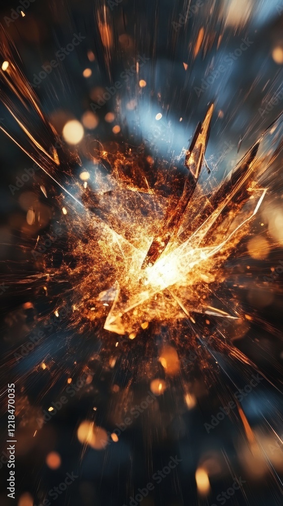 Poster explosive burst of energy with glowing sparks and shards scattering around in a dark background. gen