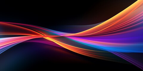 Colorful abstract light trails in vibrant shades of orange, pink, blue, and purple, flowing smoothly over a black background. web banner