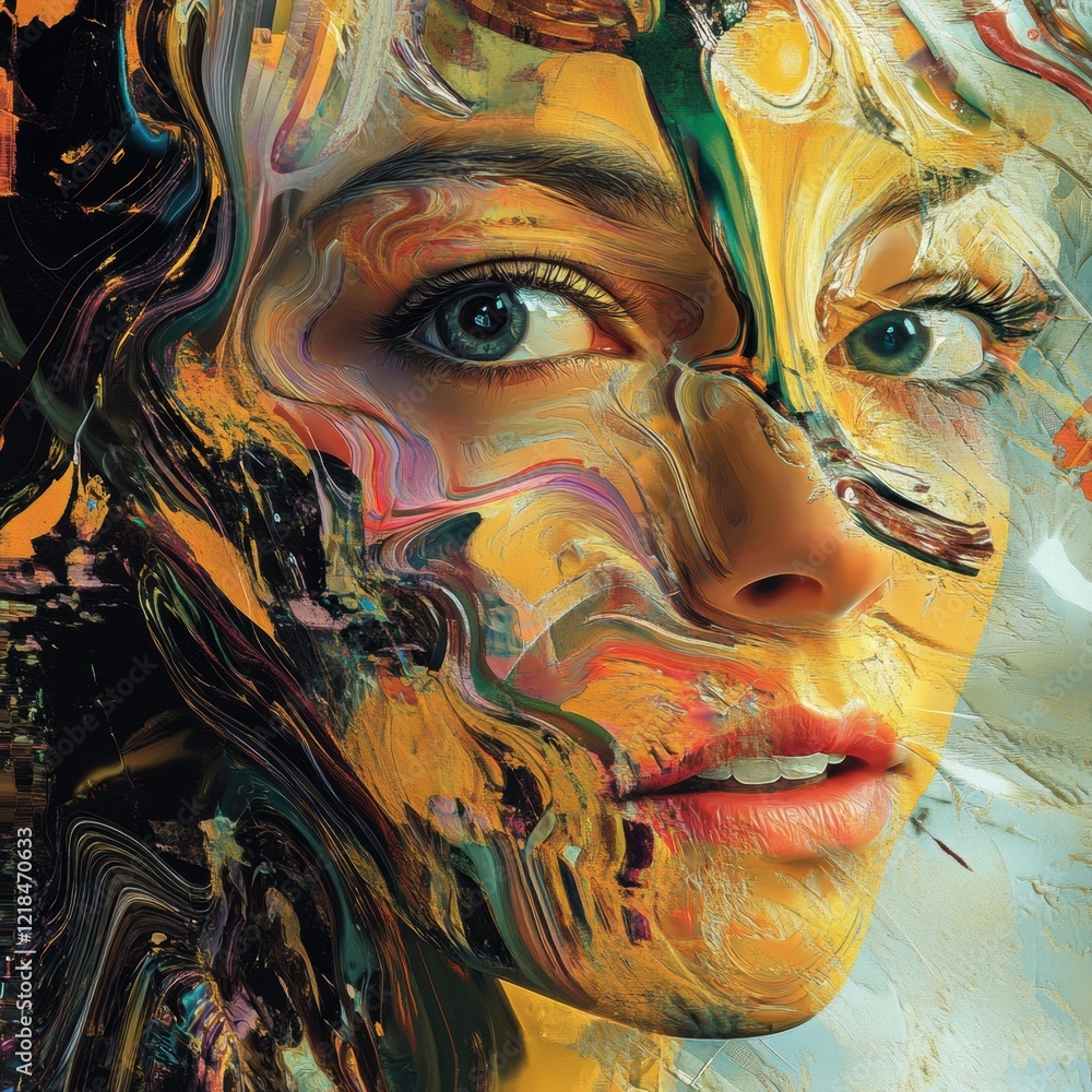 Poster artistic portrait blending vibrant colors and textures, showcasing unique facial features and intrig