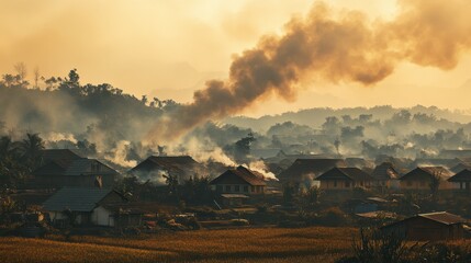 Smoke Trails Over Village: A haunting panorama of a village nestled amidst hills, with plumes of smoke rising from rooftops and a dusky sky casting an ethereal glow on the landscape.
