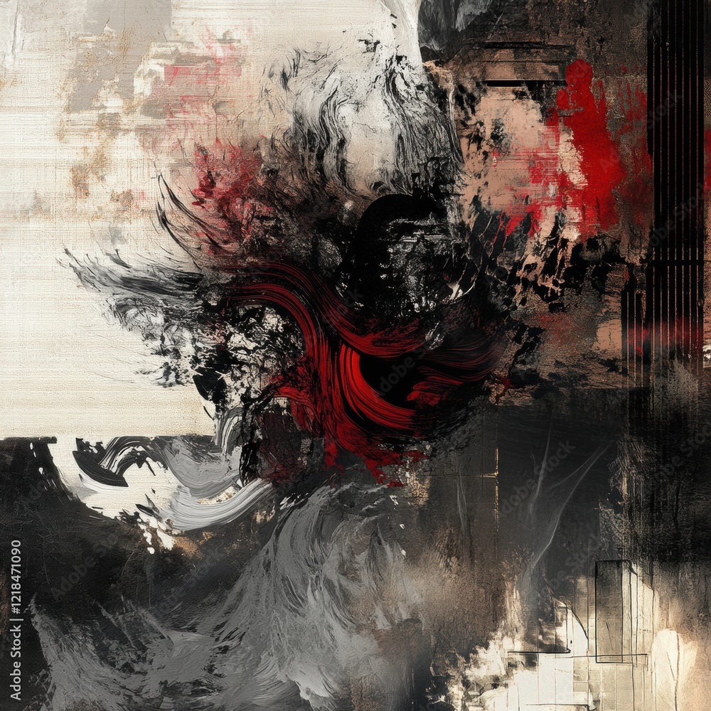 Poster abstract artwork blending dark and vibrant tones portrays dynamic movement and emotional depth in co